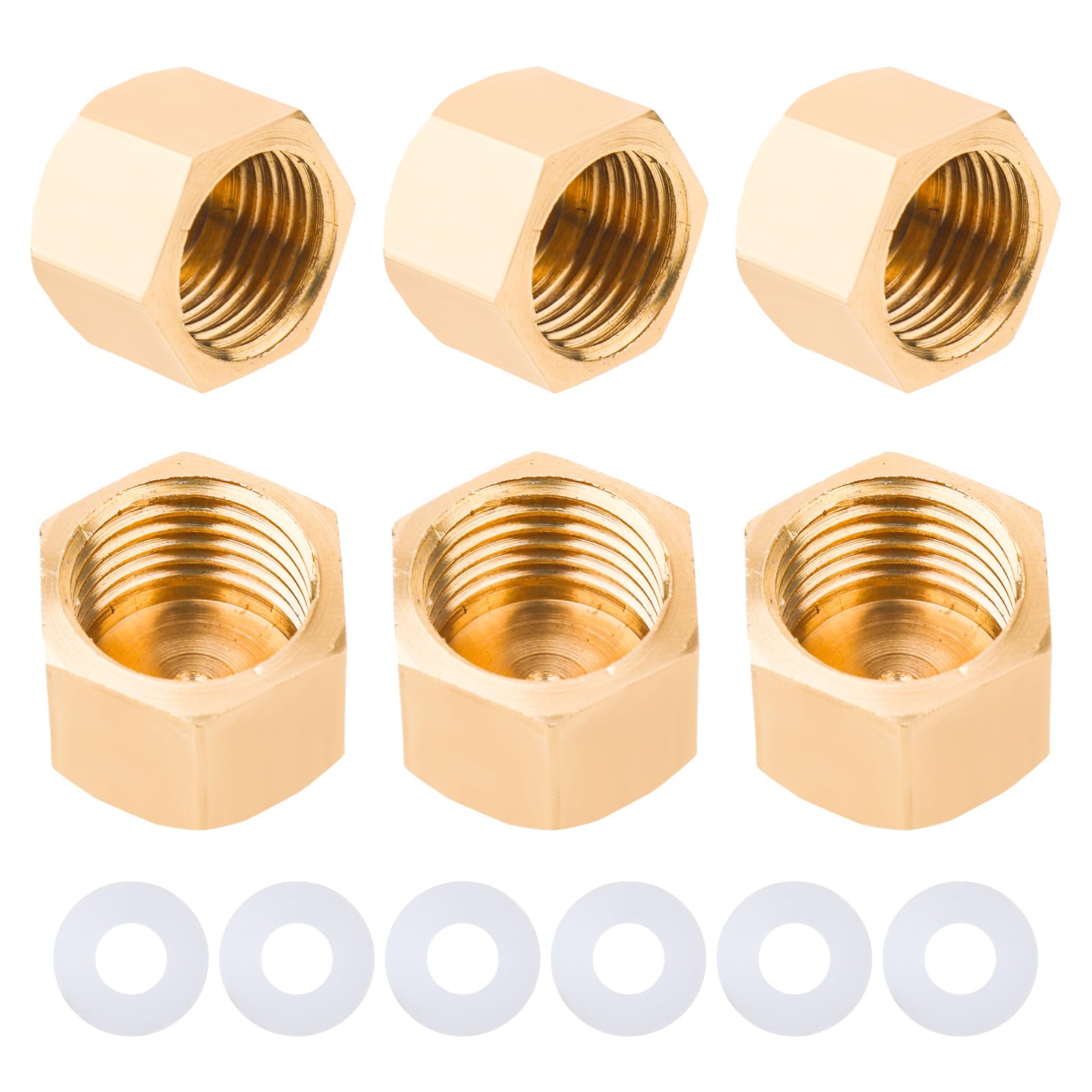 Photo 1 of 6 Pcs 1/4 Inch NPT Brass Pipe Cap, External Hexagon 1/4 Inch NPT Brass Compression Cap Fittings with Rubber Gaskets Copper Stop Valve Cover for Water Line Faucets Tap Irrigation System