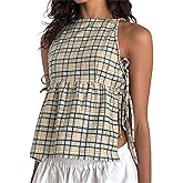 Women Tie Side Tank Top Sleeveless Split Peplum Coquette Shirt Plaid Trendy Going Out Summer Tops Y2k Streetwear