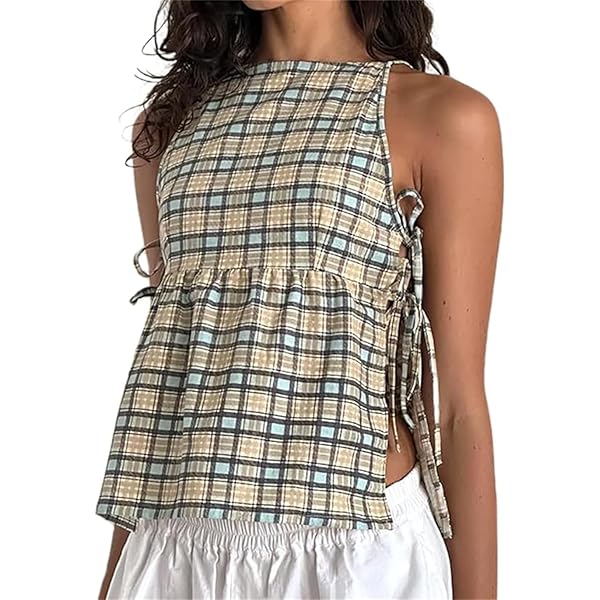 Women's Gingham Top Y2K Tie Side Cami Crop Top Sleeveless Plaid