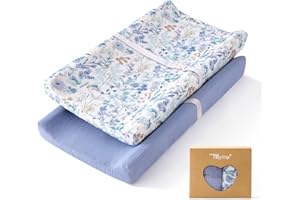 TILLYOU Muslin Changing Pad Cover for Baby Girls Boys, Soft and Breathable Cotton Diaper Changing Table Cover, 2 Pack(Blue Flower)