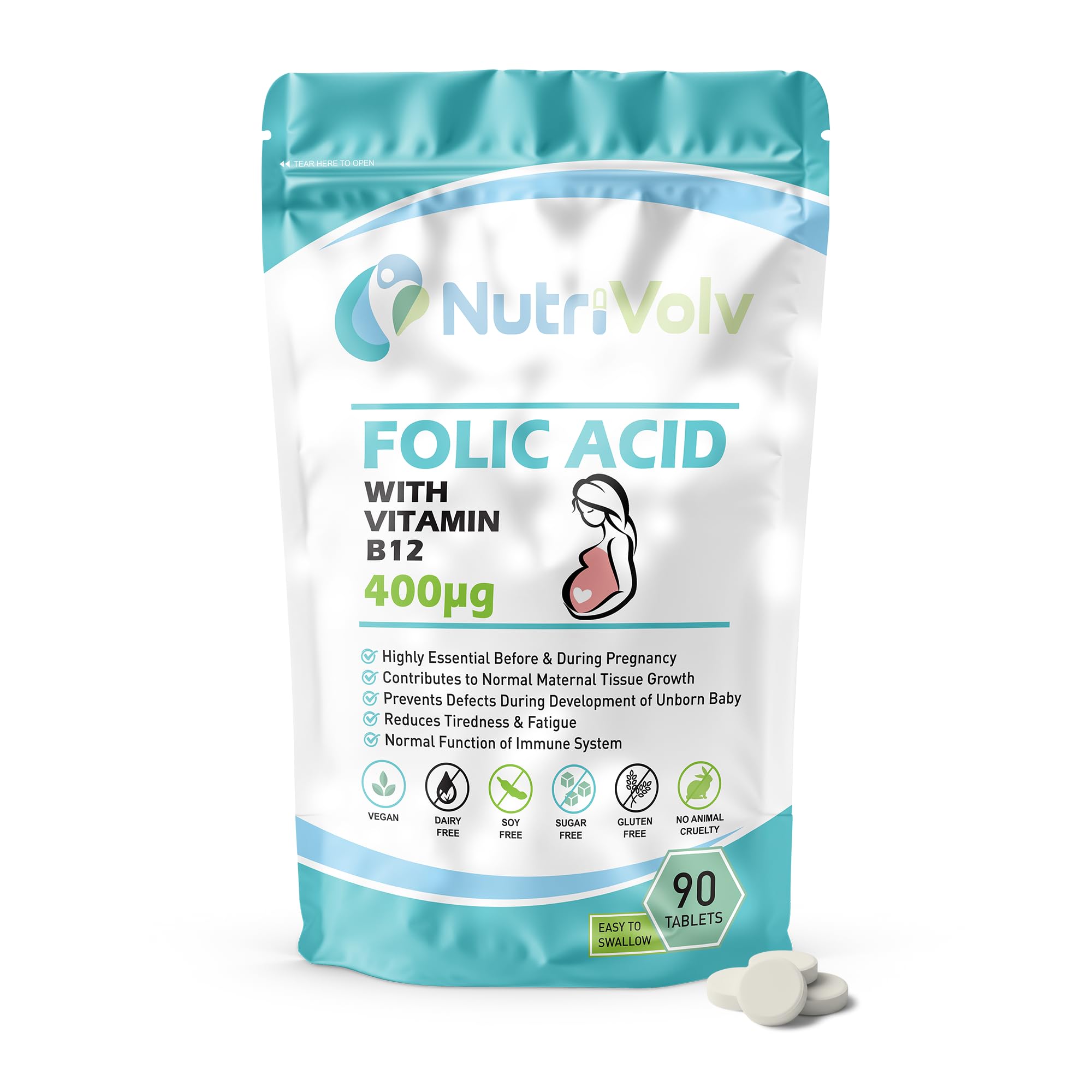 Nutrivolv Folic Acid 400µg with Vitamin B12-90 Vegan Tablets - Pregnancy & Prenatal Health, Tiredness & Fatigue Support, Women’s Health Supplement