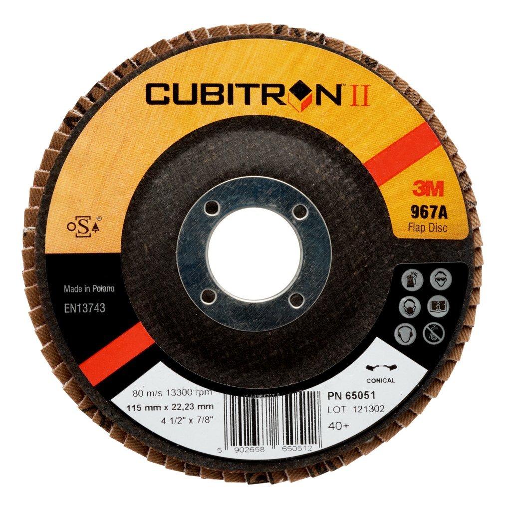 3M™ Cubitron™II Flap Disc 967A, 115 mm x 22 mm, 40+, Conical, 1 Disc / Box