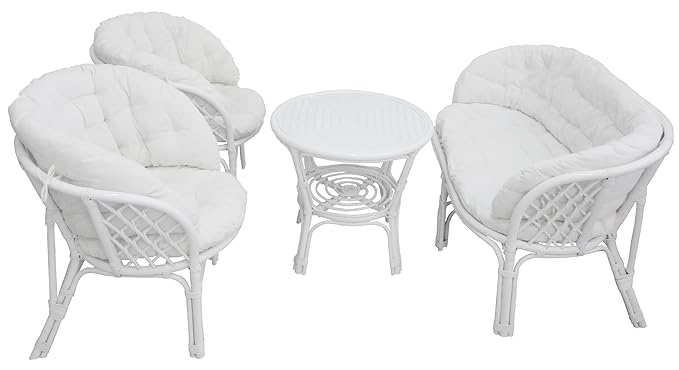 title=Set completo salotto in vimini bambù e rattan luna Bahama Bianco divano poltrone