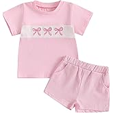 SAYOO Toddler Baby Girl Short Outfit Bow Embroidery Short Sleeve Cotton T-Shirt Gingham Plaid Shorts 2Pcs Summer Clothes