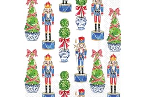 BOSTON INTERNATIONAL IHR Ideal Home Range Party Napkins Rosanne Beck Holiday Collection Disposable 3-Ply Paper Lunch Napkin Pack, 6.5" x 6.5", Nutcrackers & Topiary, 20-Count