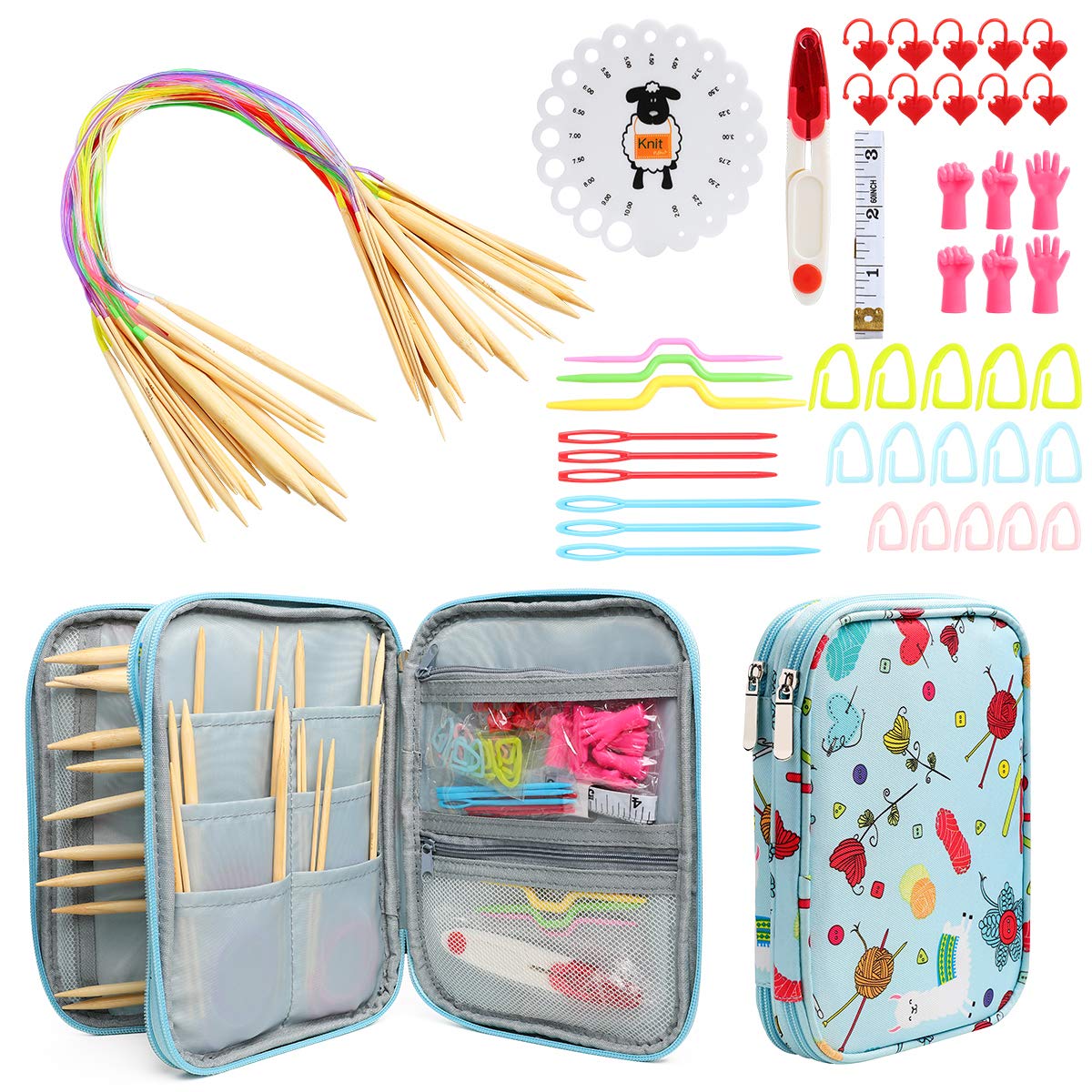JOZEA 62 Pcs Crochet Yarn Hooks Set with Organizing Case, Including Flexible Cable Bamboo Knitting Needles and Accessories (Blue)