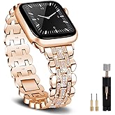 Metal Strap for Apple Watch Band 42mm(Series 10)/41mm/40mm/38mm, Bling Stainless Steel Bracelet Work for Apple Watch Bands Series 9 8 7 SE 6 5 4 3, Elegant Jewelry Bangle for iWatch Women Rose Gold