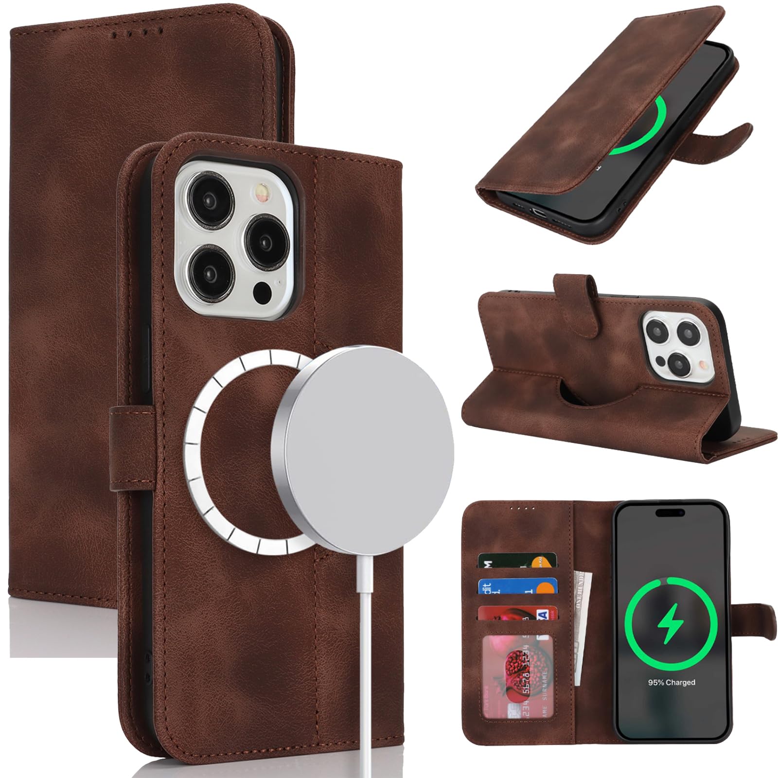 Zouzt Case for iPhone 13 Pro Max/12 Pro Max (6.7"), [Compatible with MagSafe] Magnetic PU Leather Wallet Case with Card Holders and Kickstand, Wireless Charging Flip Folio Cover - Vintage Dark Brown