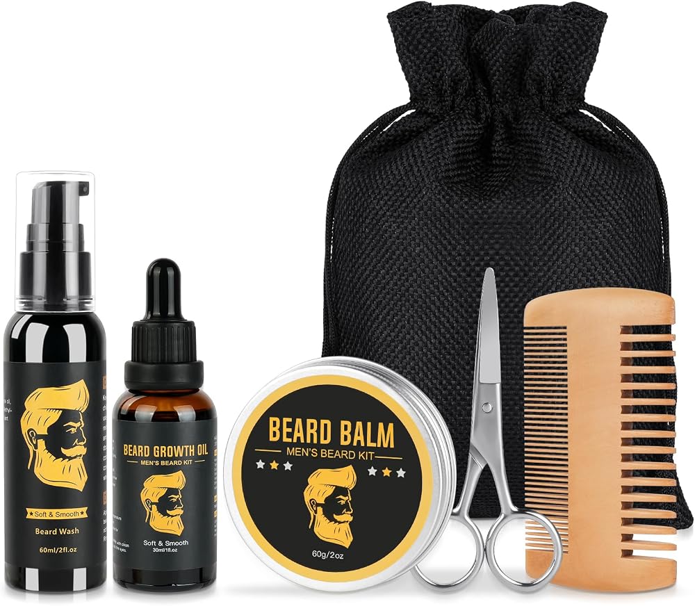 LOPHE Beard Growth Kit - Oil, Balm, Shampoo, Comb, Scissors, Beard Care Set