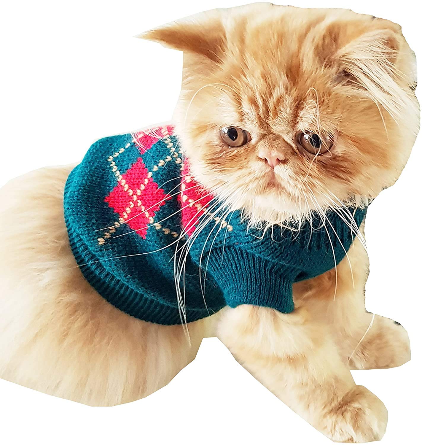 Cute Small Dog ONLY Puppy Cat Birthday Christmas Outfit Fleece Winter Girl Boy Jumper Coat Clothes Hoodies Costume Pullover Knitted Knit Sweater Sweatshirt Green Red Plaid Tartan Argyle (Large)