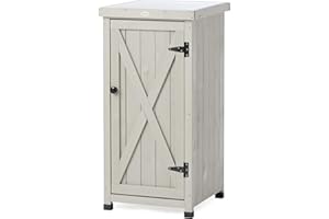 HABAU Outdoor Storage Cabinet for Patio, Garden Potting Bench Table with Shelves & Metal-Tabletop, Wooden Planting Work Station, Weatherproof