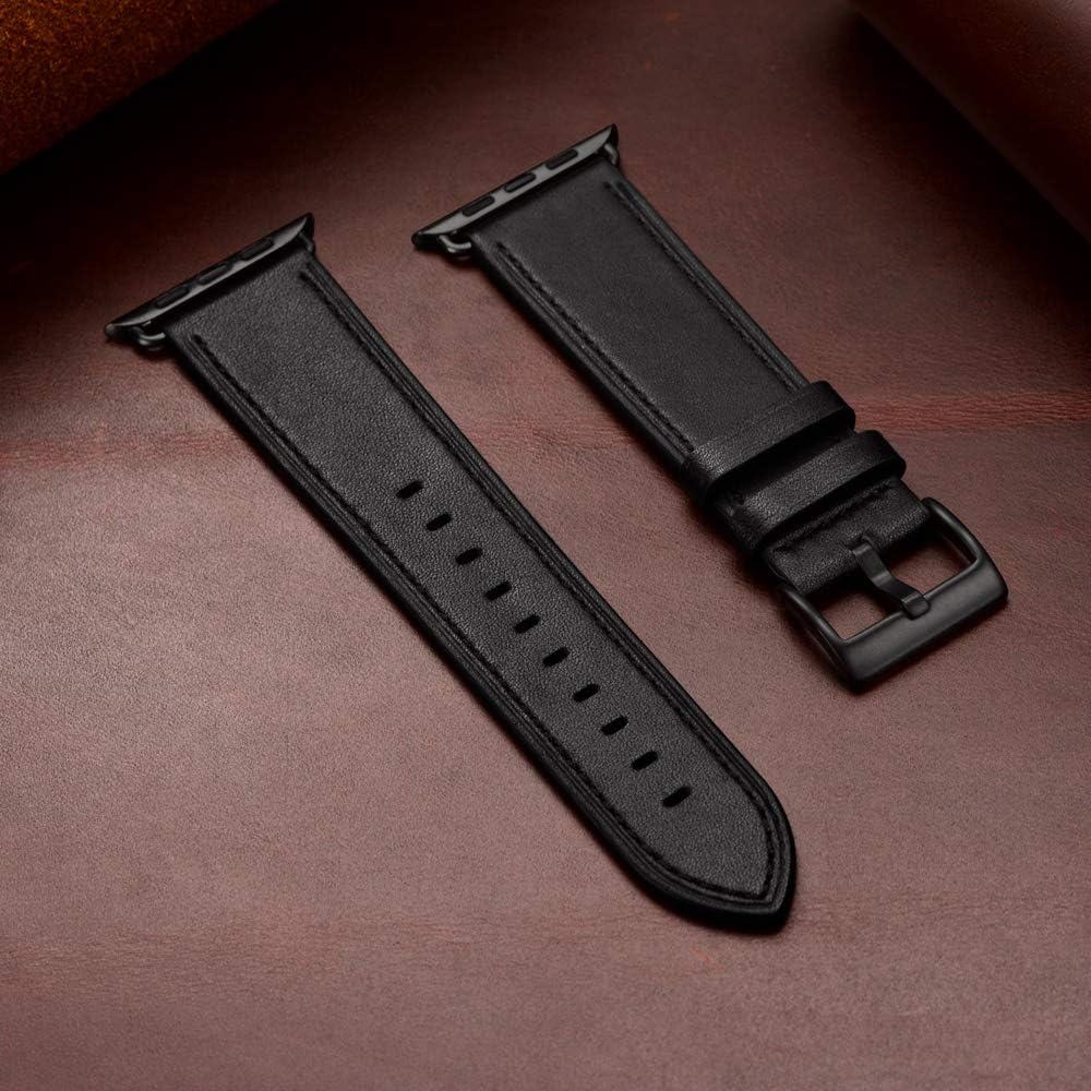 OUHENG Compatible with Apple Watch Band 44mm 42mm, Genuine Leather Band Replacement Strap Compatible with Apple Watch Series 6/5/4/3/2/1/SE, Black Band with Black Adapter