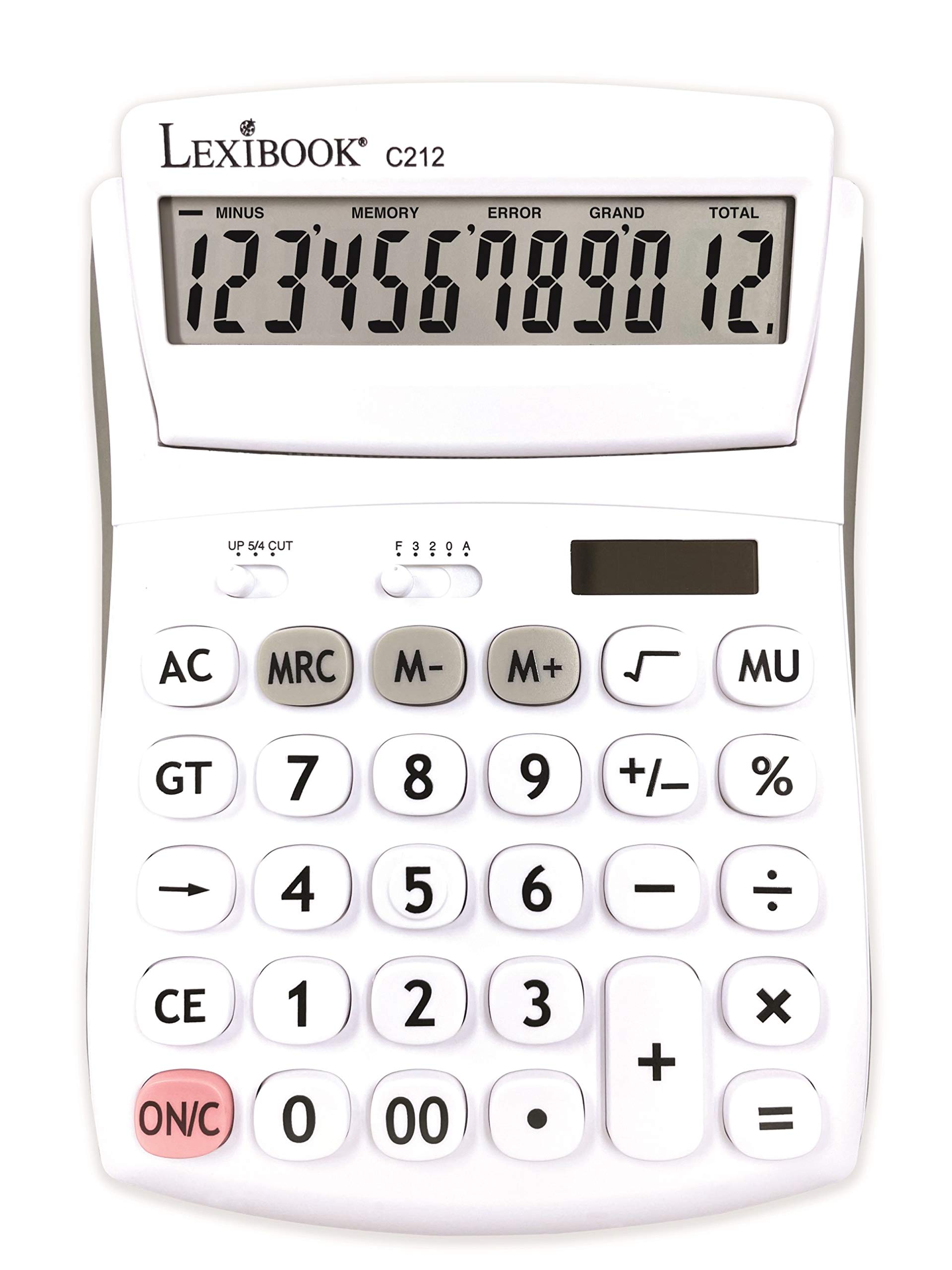 Lexibook, 12 Digit Desktop Calculator with Folding Display, Basic and Memory Function, Large Keys and Screen for Office, School, Home, Solar & Batteries, White/Grey, C212