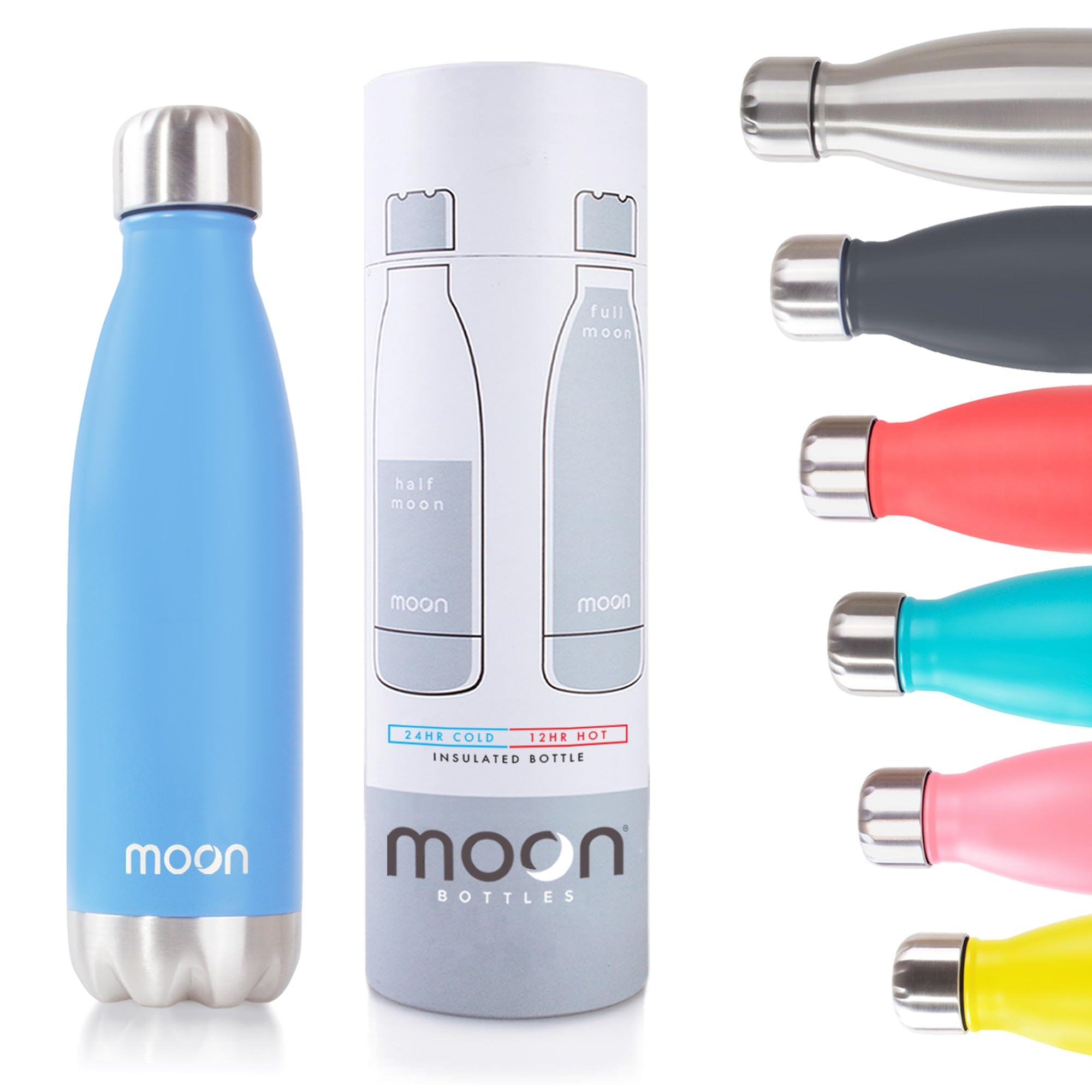 Moon Bottles - Insulated Water Bottle that Lasts Forever - 18/8 Stainless Steel Vacuum Flask - Double Walled Drink Bottle - Thermal Metal Flasks, Leakproof, 24hrs Cold & 12 Hot (1 Litre,Sky Blue)