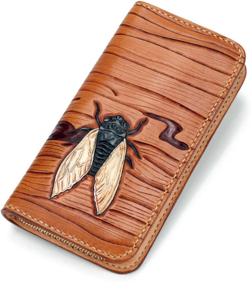Wallet Men and Women Long Section of The First Layer of Leather Carving Handmade Wallet Zipper Bag Retro Large Capacity Multi Card Personality (Khaki)