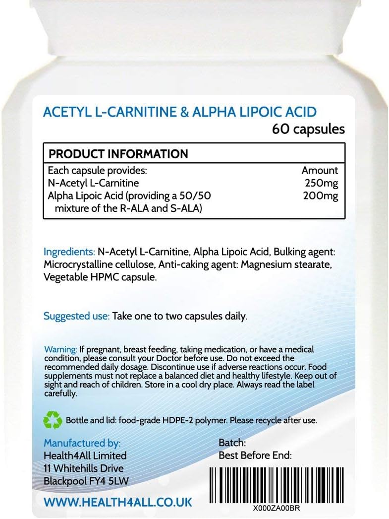 Acetyl L-Carnitine 250mg & Alpha Lipoic Acid 200mg 60 Capsules, Vegan ALCAR & ALA Supplement for Brain Function Focus, Memory - Image 3