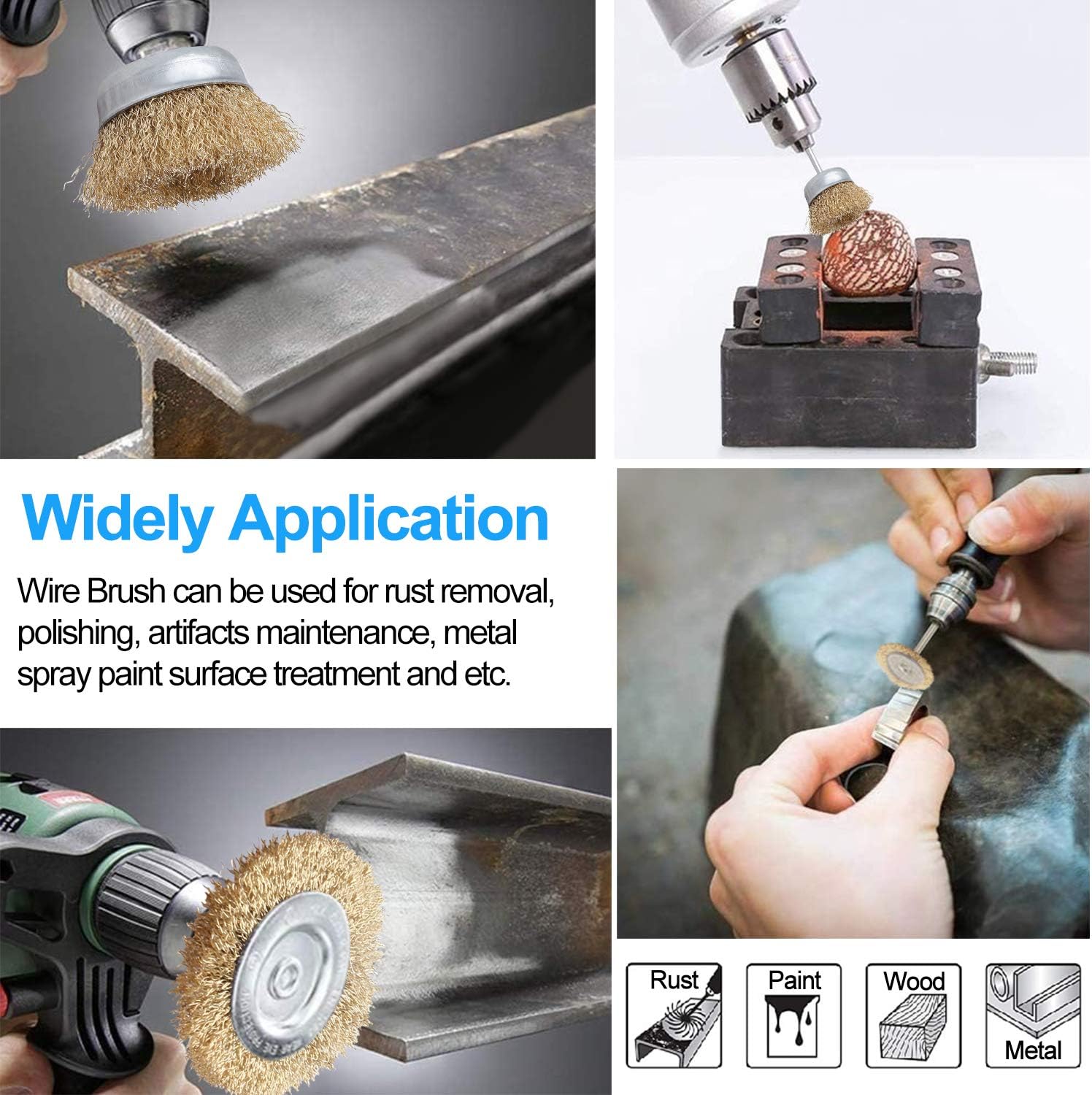 Wire Brush for Drill 10pcs Brass Coated Wire Wheel for Drill Multi Sizes Rotary Wire Brush Drill Attachment for Cleaning Rust,Removing Paint - Image 3