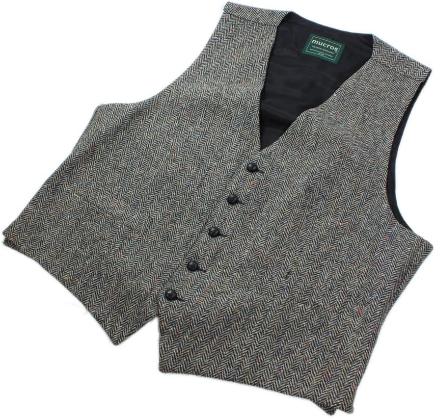 Men's Irish Tweed Vest Grey Herringbone Wool Full Back Made in Ireland