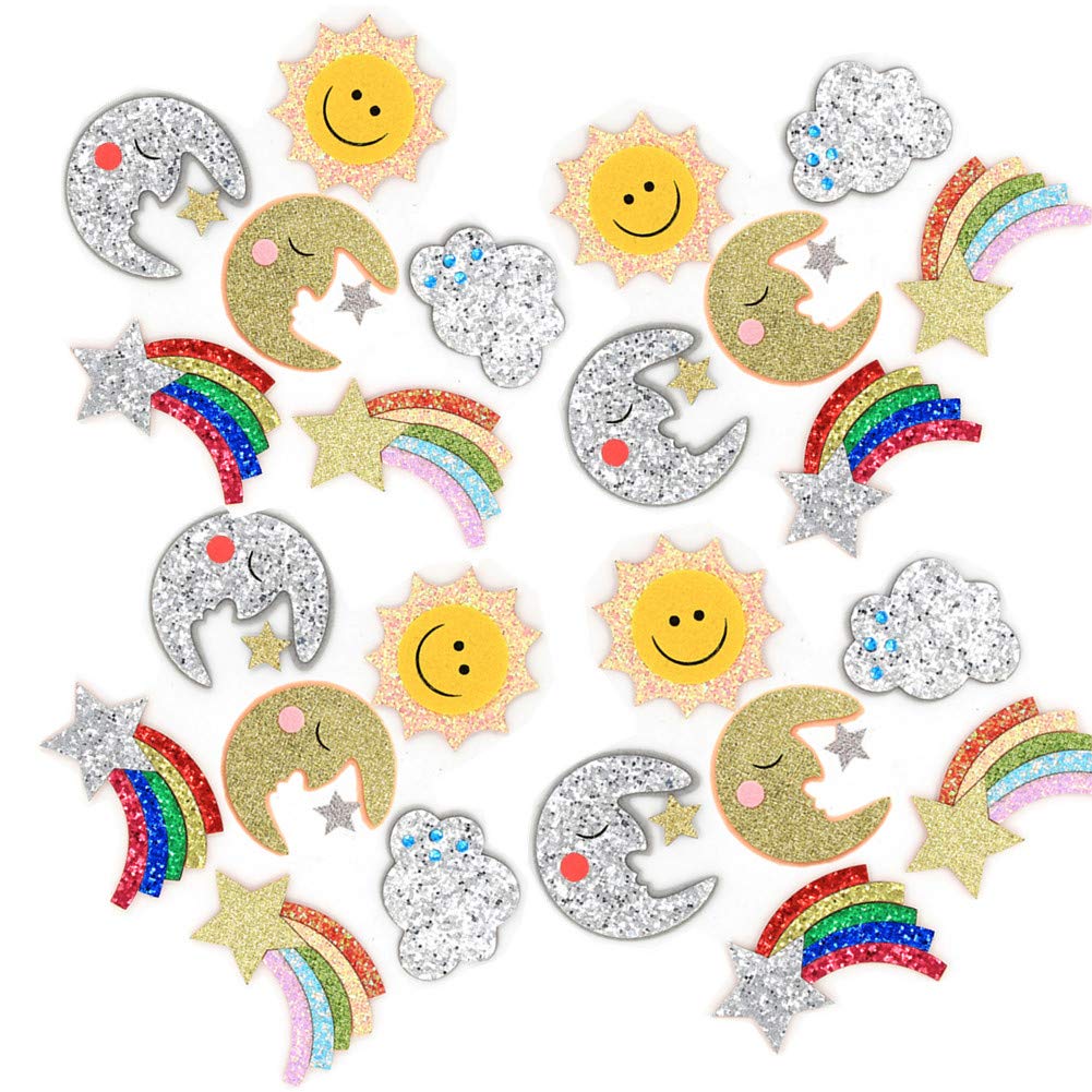 24 Pack Glitter Felt Applique Kits Moon Sun Shooting Star Cloud Felt Patches Sheets for Patchwork Hair Accessories Scrapbooking Cake Topper Gift Wrapping Embellishments Decorations