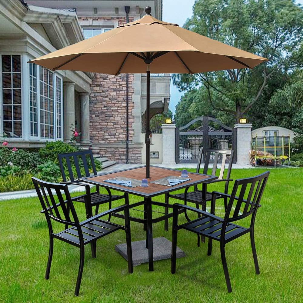 EMERIT Outdoor Patio Dining Table Square Metal Table with Umbrella Hole and Wood-Like Tabletop: Kitchen & Dining