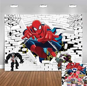 White Brick Wall Spiderman Photo Background 7x5ft Polyester Superhero Cityscape Spider Web for Children Baby Boys Birthday Party Banner Decorations Baby Shower Supplies