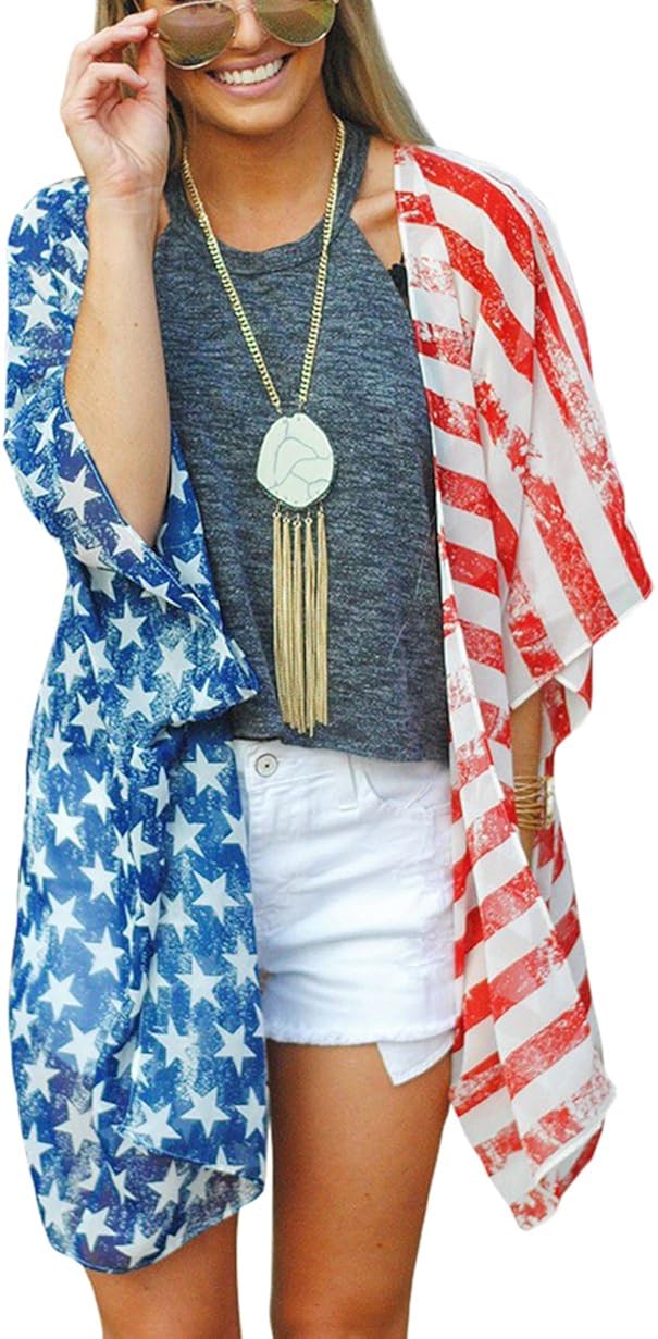 DDSOL Women's American Flag Kimono Cover up Beachwear Cardigan Loose Tops Shirt Blouse