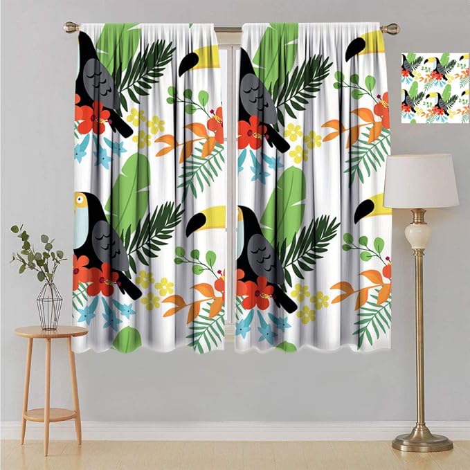 Tropical Blackout Curtains, Jungle Pattern with Toucan Bird Heliconia and Hibiscus Flowers and