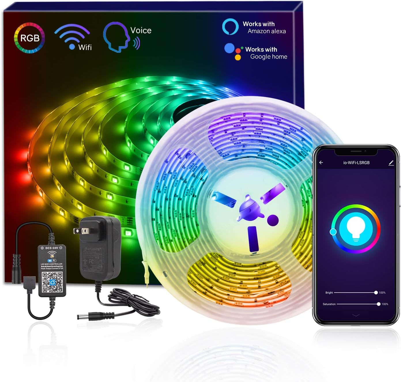 HitLights Smart LED Strip Lights WiFi LED Tape Light Kit, 16.4FT RGB 12V LED Color Changing 5050 Strips Compatible with Alexa, Echo, Google Home, Smart Phone Controlled