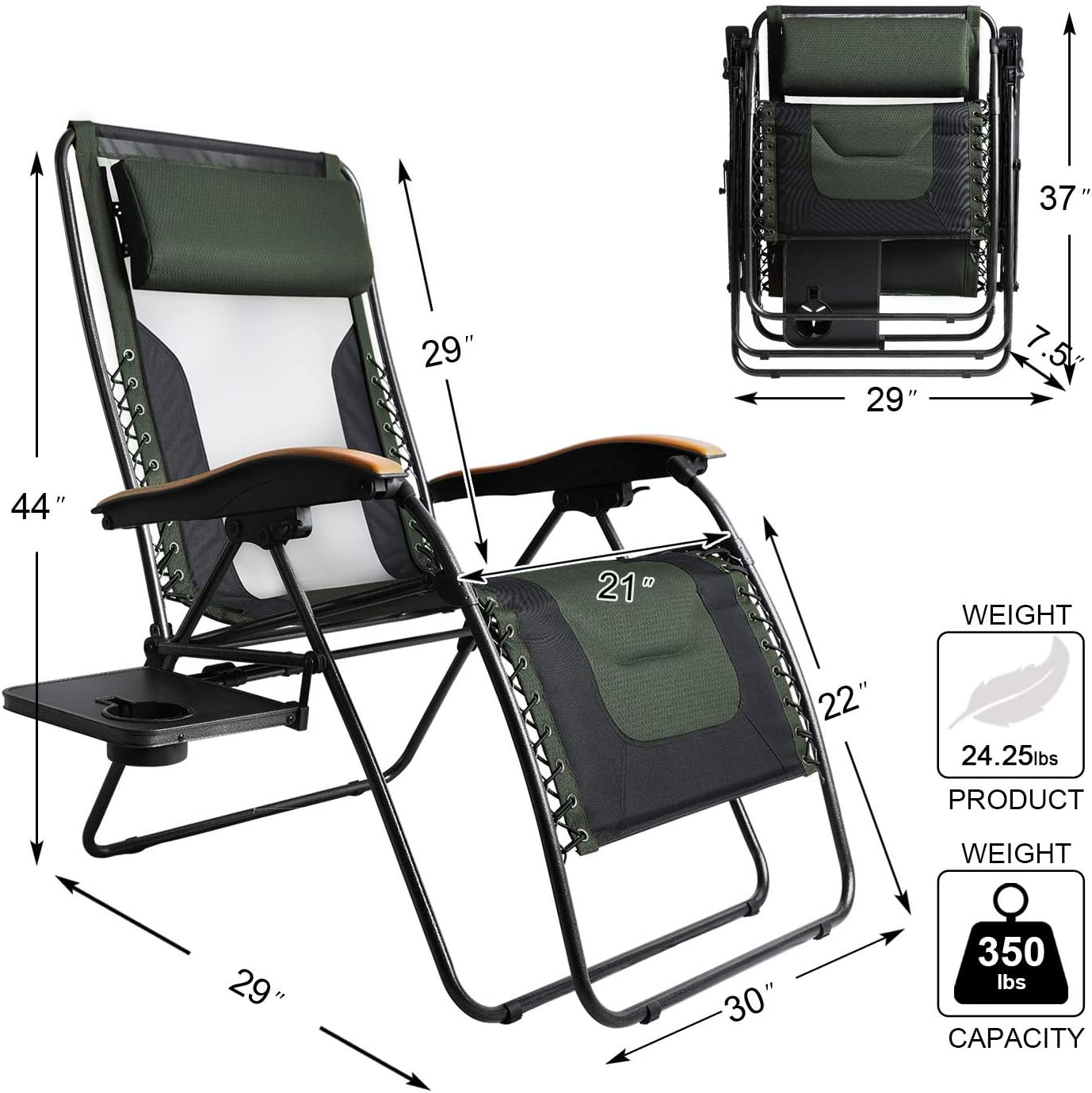 PORTAL Oversized Mesh Back Zero Gravity Recliner Chair, XL Padded Seat Adjustable Patio Lounge Chair with Lumbar Support Pillow and Side Table Support 350lbs (Dark Green) : Garden & Outdoor