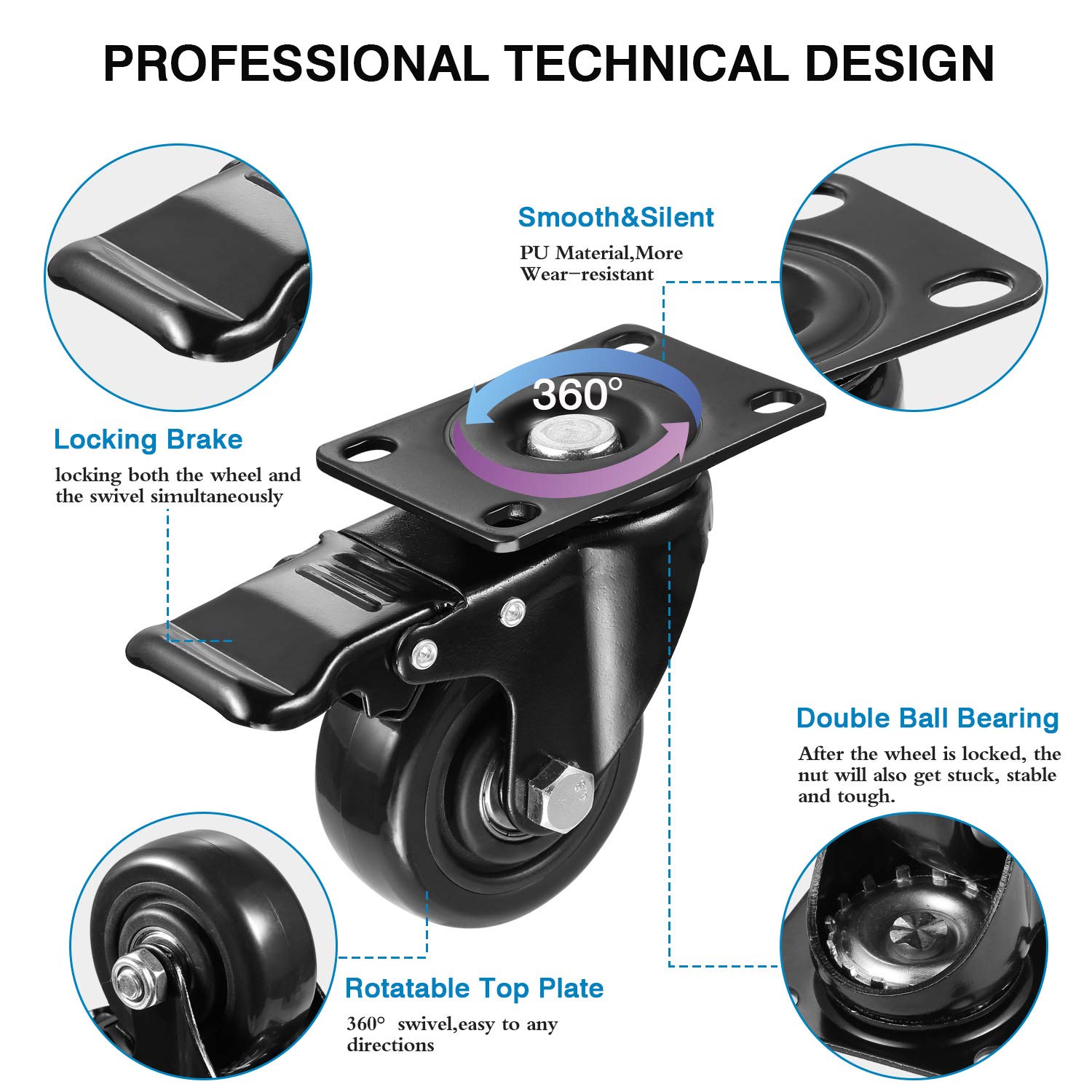 Orieta 3" Swivel Rubber Caster Wheels with Safety Dual Locking Heavy Duty 1000lbs Casters Set of 4, All with Brake(CB, 3"): Industrial & Scientific