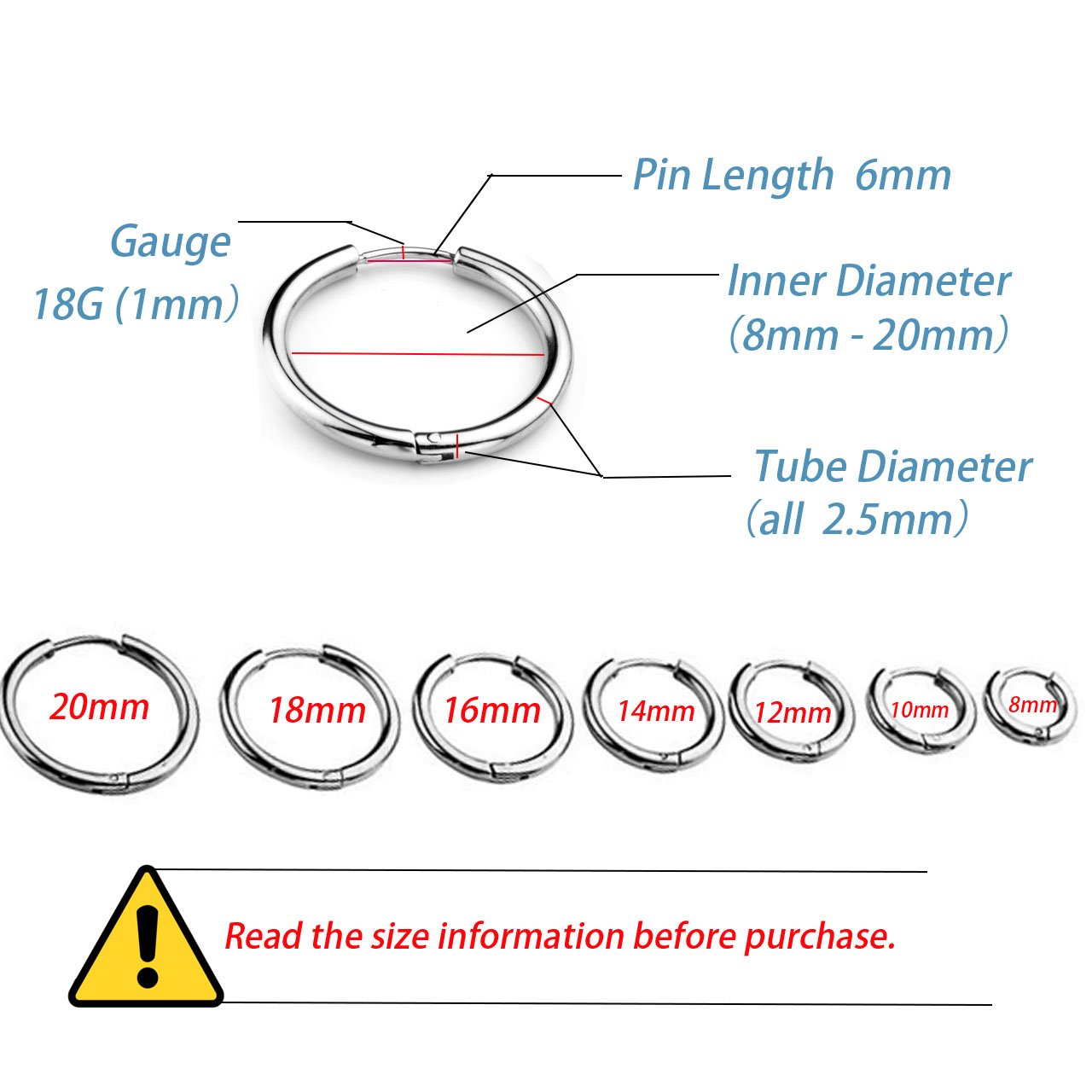 BOPREINA 7 Pairs 18G 8mm-20mm Stainless Steel Mens Womens Endless Hoop Earrings Cartilage Piercing Rings