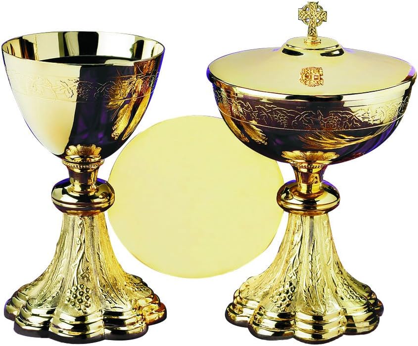Grapes & Wheat Engraved Chalice and Ciboria Set with Paten, Gold Plated Over Brass