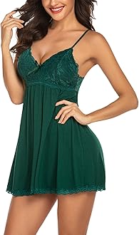Women Nightgown Sexy Sleepwear Lace Chemise V-neck Modal Babydoll Lounge Dress