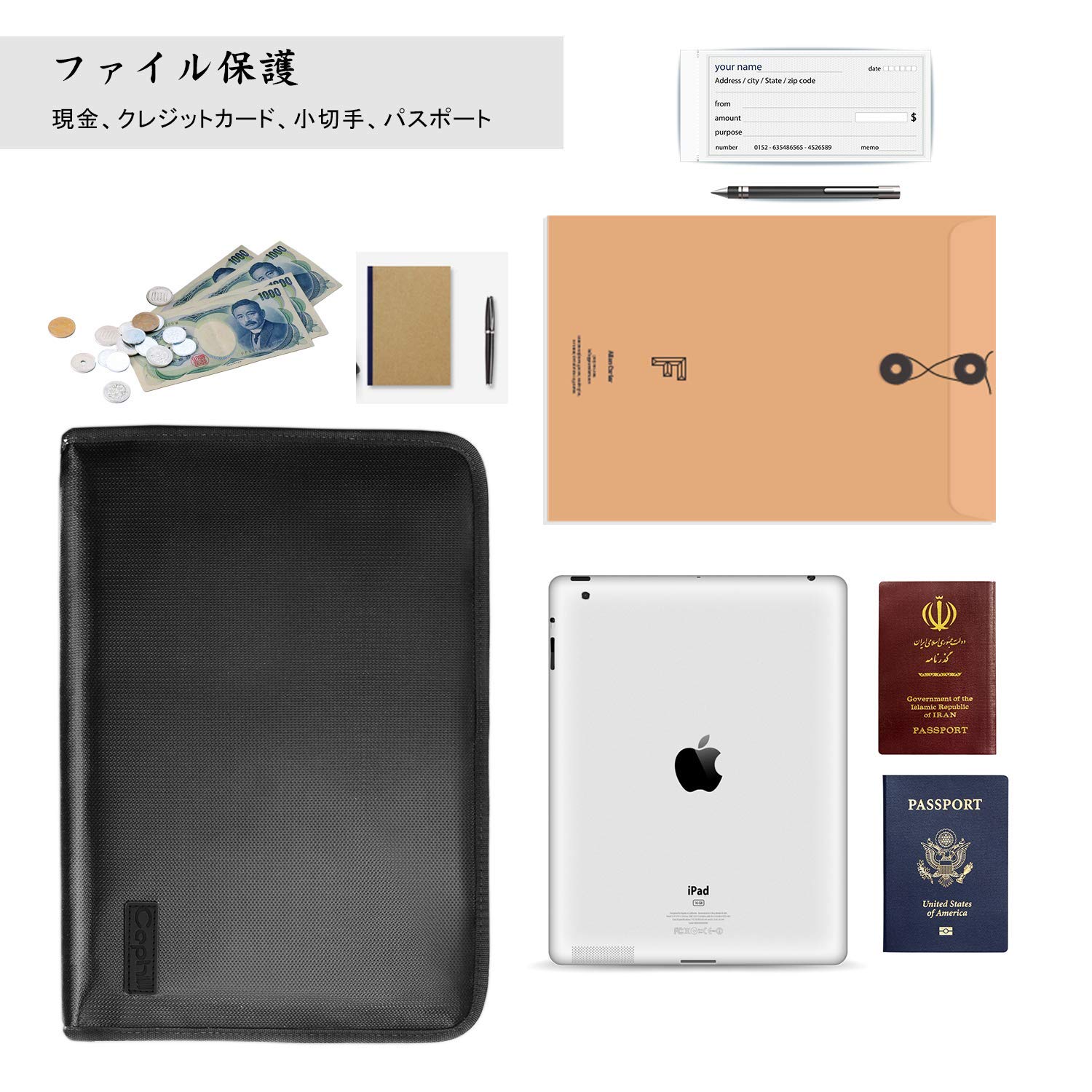 ファイルフォルダーA4 Caphill 12ポケット 耐火耐水 防火ファスナー ドキュメントファイル じゃばら 書類挟み 紙挟み