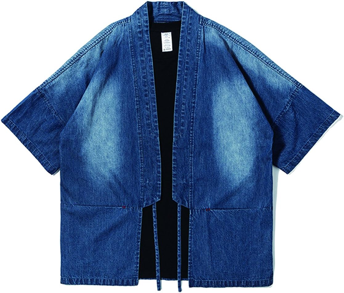 SAINDERMIRA Men's Pure Cotton Kimono Style Casual Shirt Noragi Lightweight Jackets Frock(Indigo,M)