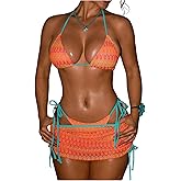 WDIRARA Women's 3 Piece Swimsuit Boho Print Halter Triangle String Bikini Set with Cover Up Skirt