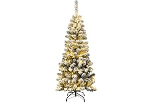 Goplus 4.5ft Artificial Snow Flocked Christmas Tree, Pre-Lit Hinged Pencil Tree with 150 LED Lights and Metal Stand, Slim Xmas Tree for Holiday Decor