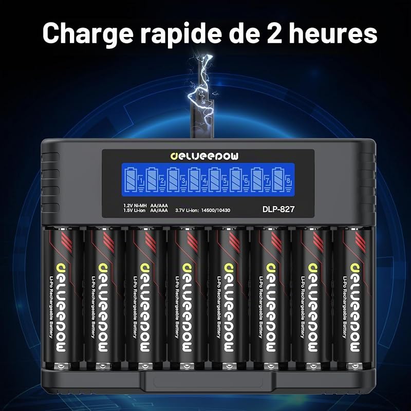 Pile Rechargeable AA Lithium 1,5 V 3400mWh Haute capacité, Pile AA Rechargeable avec Chargeur Lot de 8 1500 Cycles — photo 6 sur 7