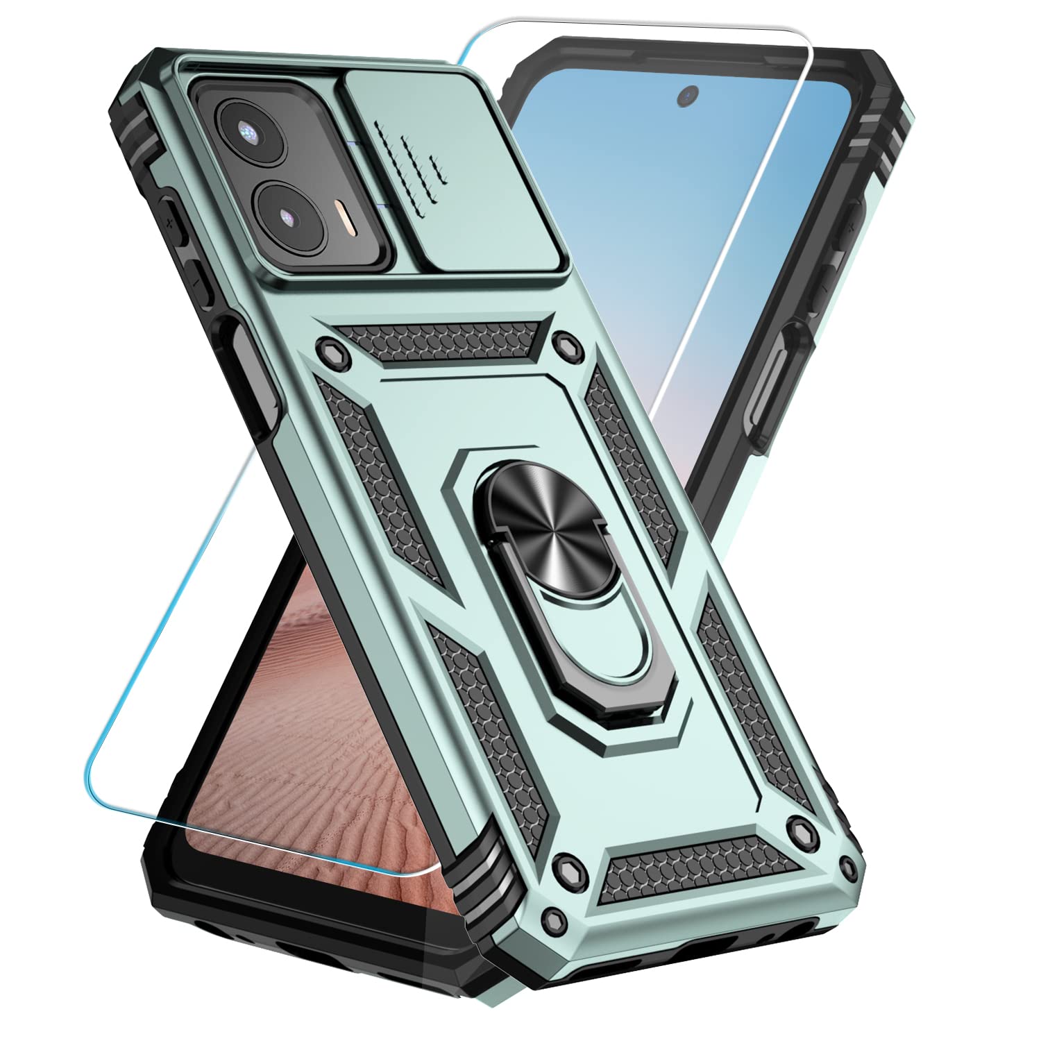 SunStory Phone Case for Motorola Moto G 5G 2023 Case with HD Screen Protector & Slide Camera Cover & Kickstand, [Military-Grade] Phone Case for Moto G 5G 2023 (Green)