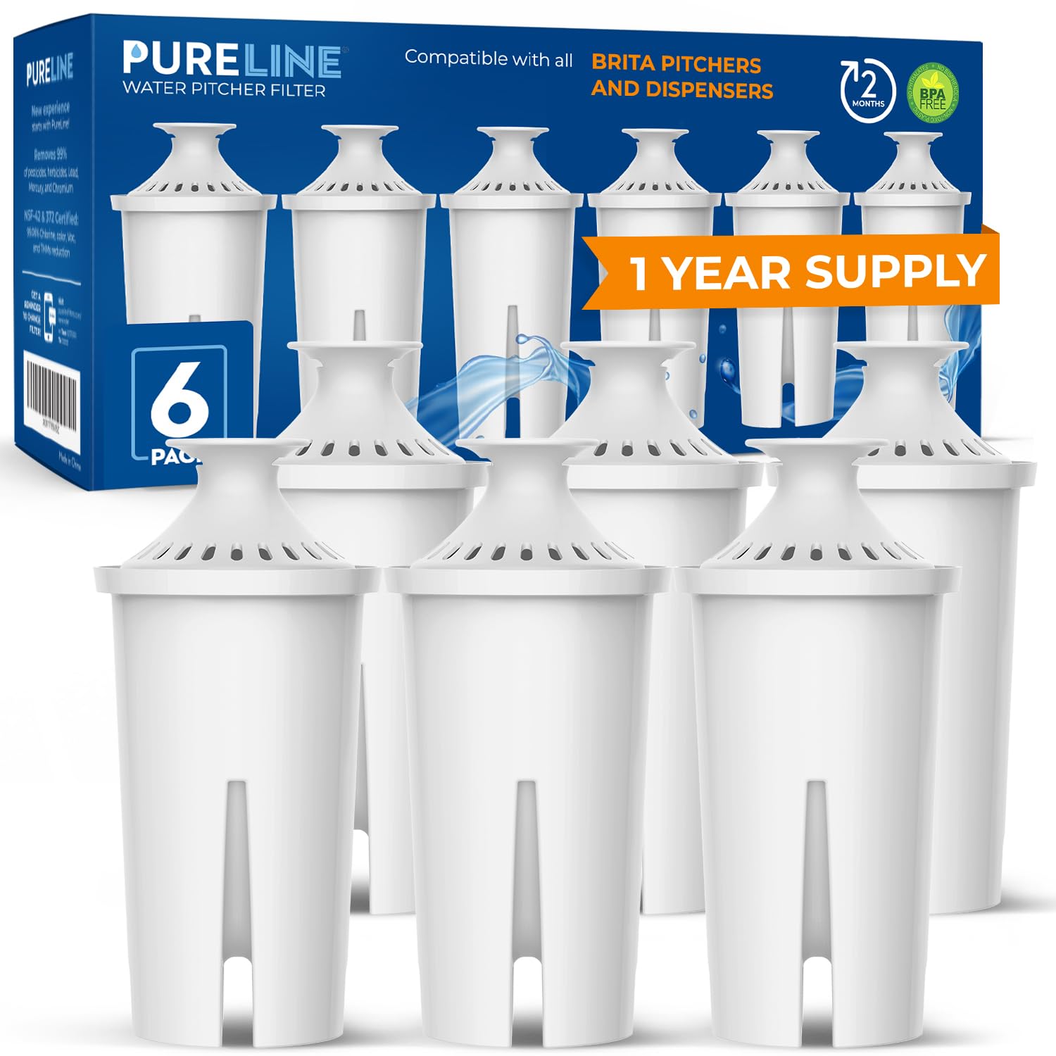 Pureline Replacement for Brita® Filter, Pitchers and Dispensers, Classic 35557, OB03, Mavea® 107007, Replacement for Brita® Pitchers Grand, Lake, Capri, Wave and More (6 Pack)