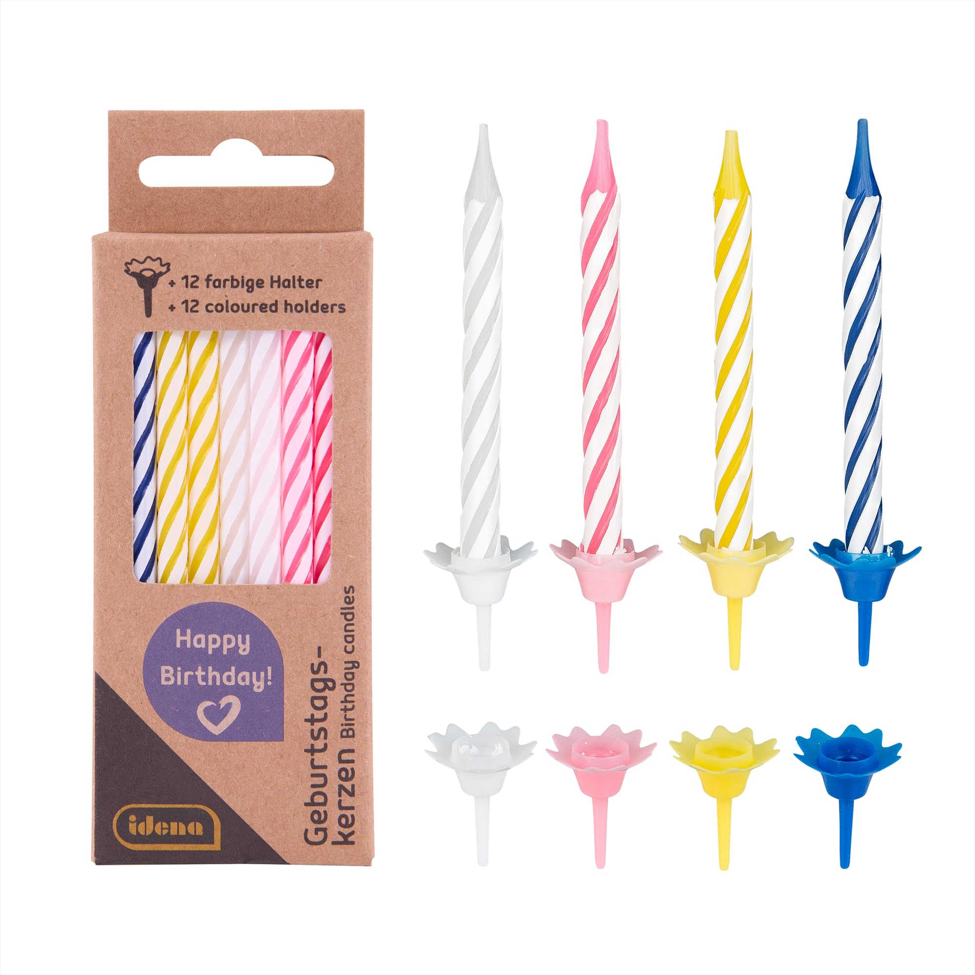 Idena 408210 Birthday Candles Set with Holders, 24 Candles and 12 Holders, Cake Candles, Happy Birthday, Party