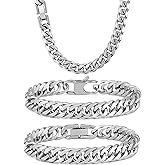 3PCS Cuban Link Bracelet Necklace, Sturdy 316L Stainless Steel Cuban Link Chain for Men Jewelry Set 8mm, 7/8/9 Inches