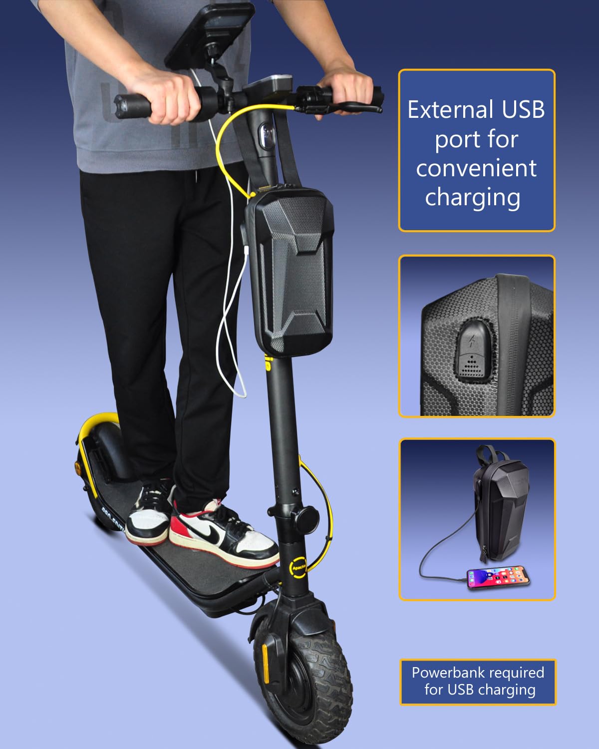 Scooter Storage Bag with USB Charging Port, Electric Scooter Handlebar Bags for Escooter, Electric Bike, Ebike, Waterproof Hard Shell, 4L
