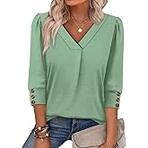 OFEEFAN Womens 3/4 Sleeve Tops with Buttons V Neck Summer Outfits Dressy Casual Blouses for Women Fashion Clothes