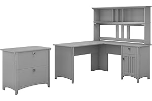 Bush Furniture Salinas 60W L Shaped Desk with Hutch and Lateral File Cabinet in Cape Cod Gray