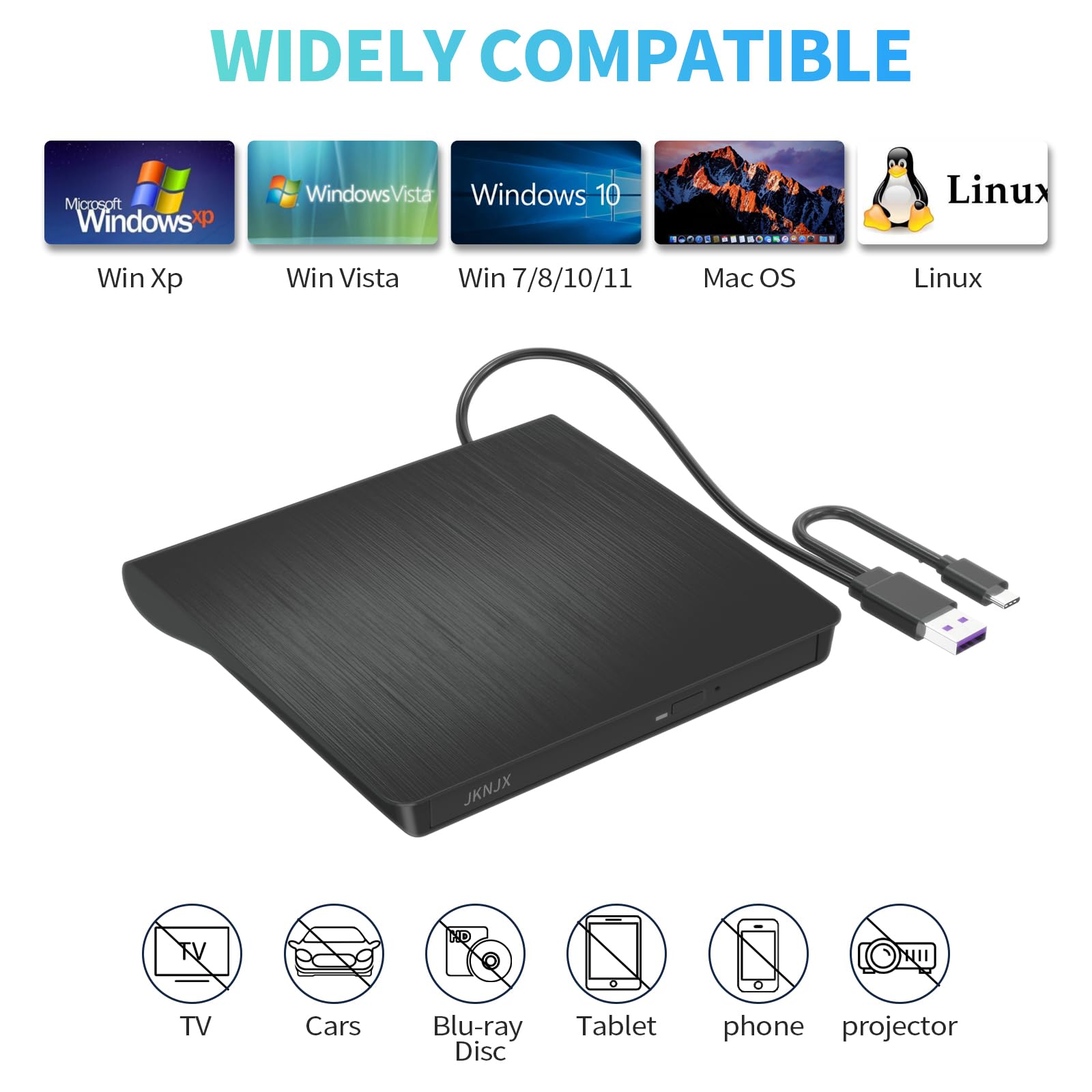 JKNJX External DVD Drive,USB 3.0 and Type-C CD DVD Disc Reader Writer Burner Player,Slim and Portable CD DVD +/-RW Optical Drive for PC Laptop Desktop MacBook Mac Windows 7/8.1/10/11 Linux OS Apple