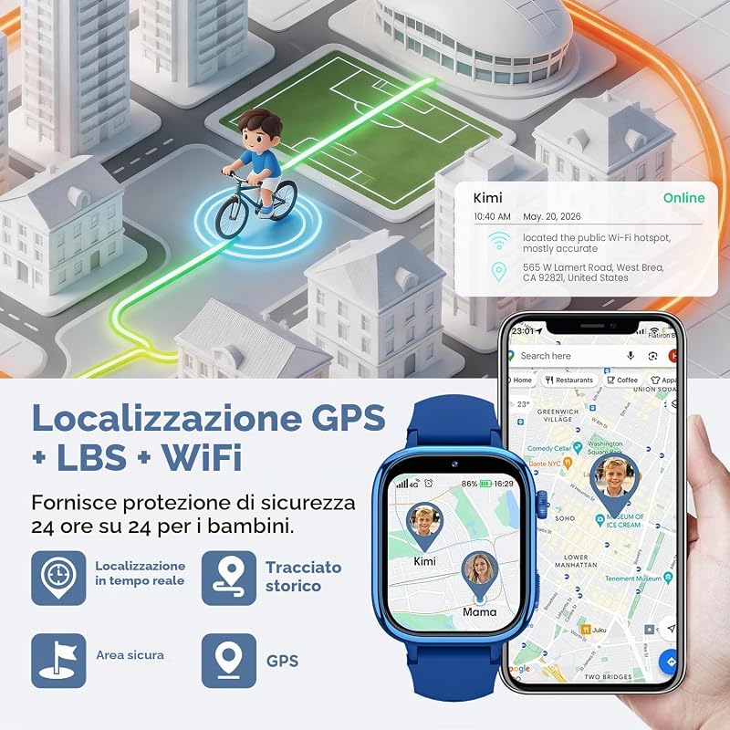 Nuovo 4G Smartwatch Bambini con Videochiamate & GPS, IP68 Impermeabile Smart Watch con SOS SMS Chat Vocale Modalità Scuola, Contapassi, Sveglia Monitoraggio del Sonno Regalo per Bambini e Bambine Blu — foto 3 di 7