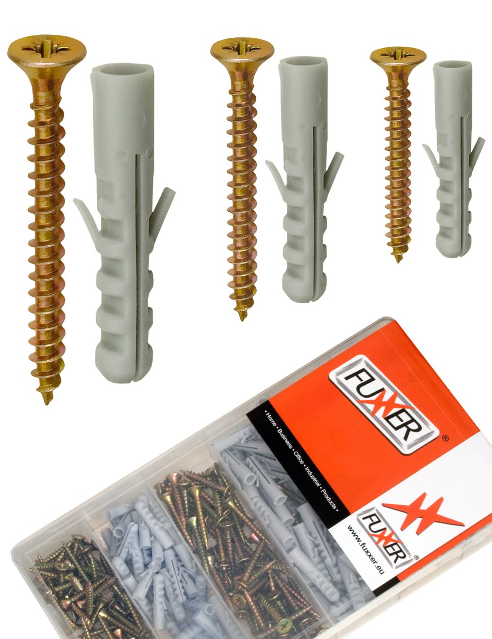 FUXXER® - Screw set and dowel set, screw assortment, dowel assortment in sorting box, 5, 6, 8 dowels and cross slot, cross screws, 249 pieces.