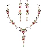 Flyonce Floral Jewelry Sets for Women, Wedding Brides Bridal Rhinestone Crystal Flower Leaf Vine Pendant Necklace Long Dangle Earrings Set for Prom Party