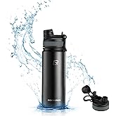 ROCKBROS Insulated Water Bottle with Straw, Stainless Steel Sports Water Cup Flask Leak Proof with Handle Keep Warm and Cold for Hiking, Cycling, Bike Travel, School Sports, Gym, 18 OZ, Black
